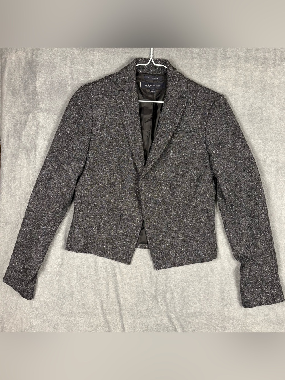 Anne Klein Womens 4P Blazer Jacket Gray Tweed Stretch Petite Career Professional
